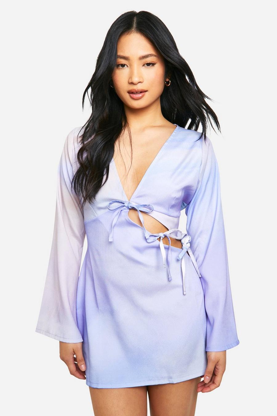 Lilac Petite Tie Front Flare Sleeve Satin Mini Dress image number 1
