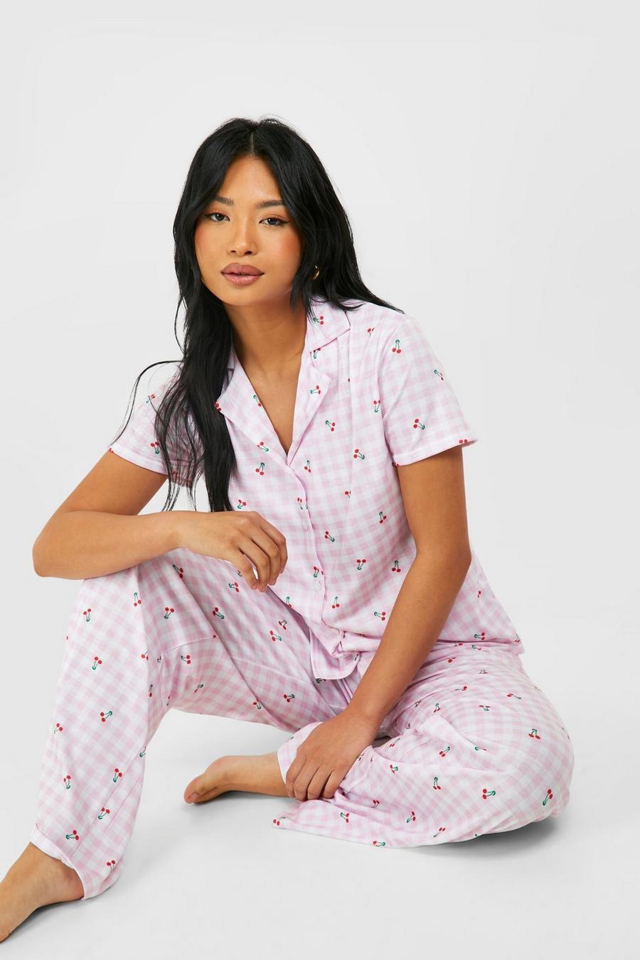 Petite kurzärmliger Gingham-Pyjama mit Kirsch-Print, Pink