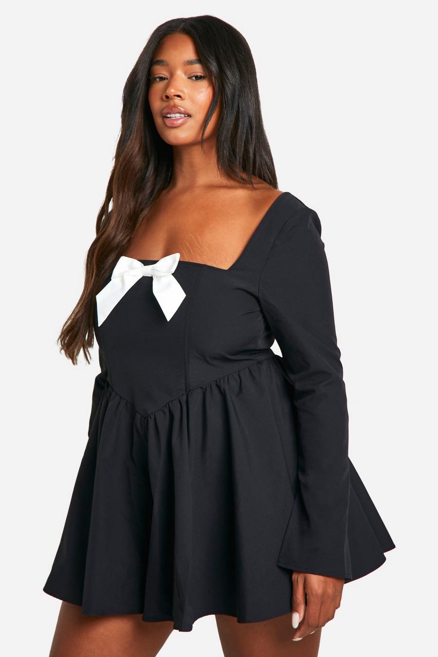 Black Plus Woven Contrast Bow Long Sleeve Floaty Playsuit 