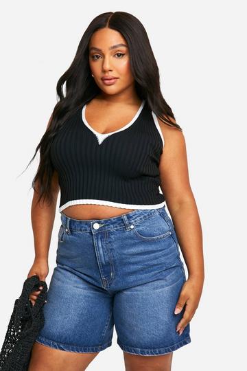 Plus V Neck Knitted Crop Top black