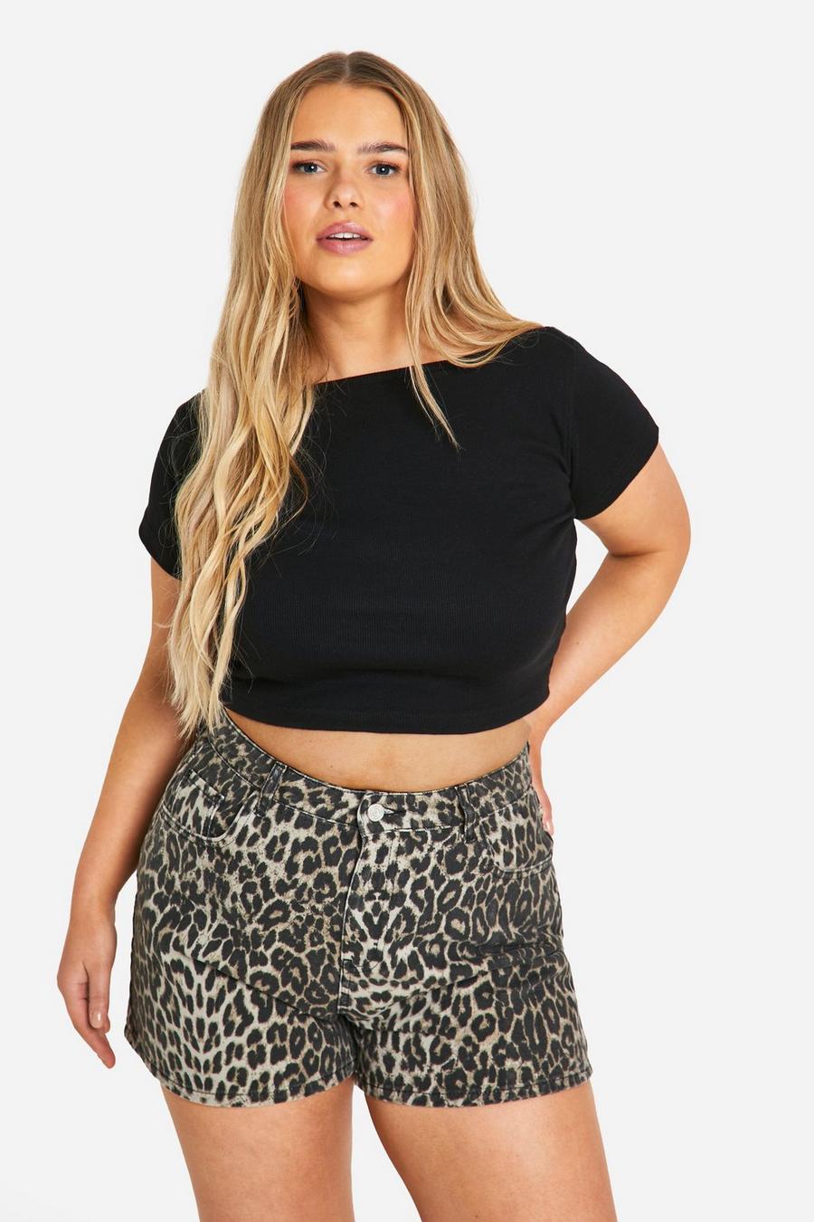 Pantaloncini Mom Plus Size con stampa leopardata, Leopard