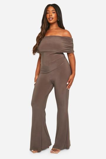 Plus Slinky Fold Over Off The Shoulder Flared Jumpsuit slate