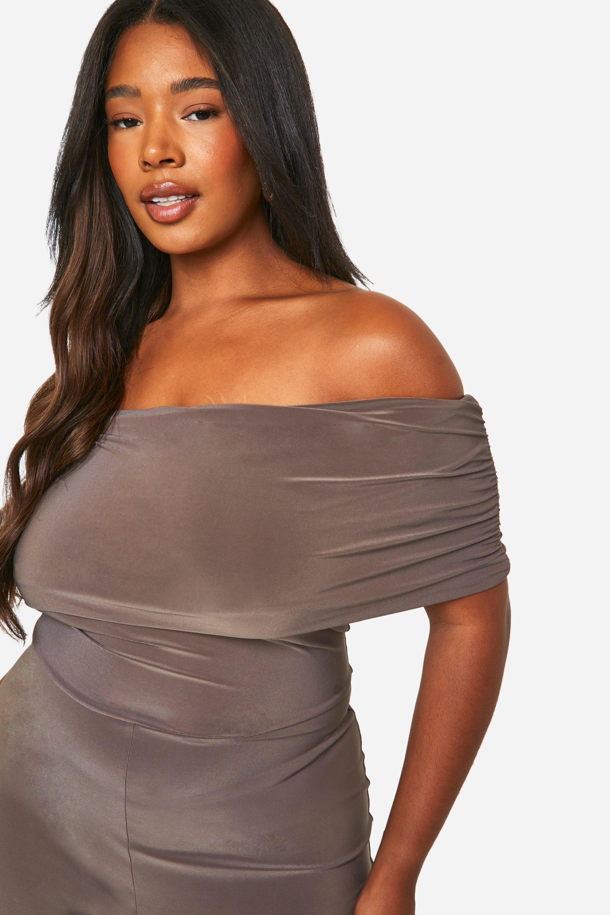 Plus Slinky Fold Over Bardot Flared Jumpsuit boohoo
