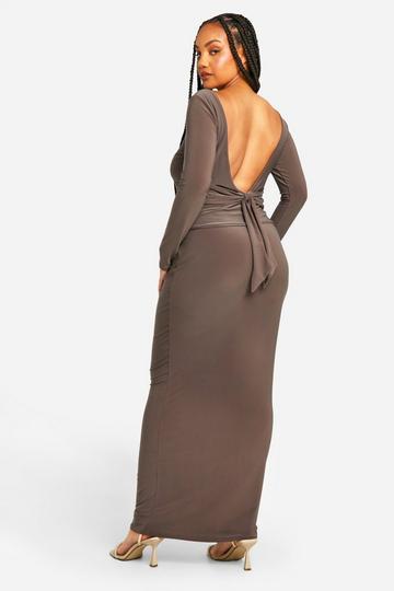 Plus Double Layer Slinky Long Sleeve Scoop Back Bow Detail Top & Maxi Skirt Co-ord slate