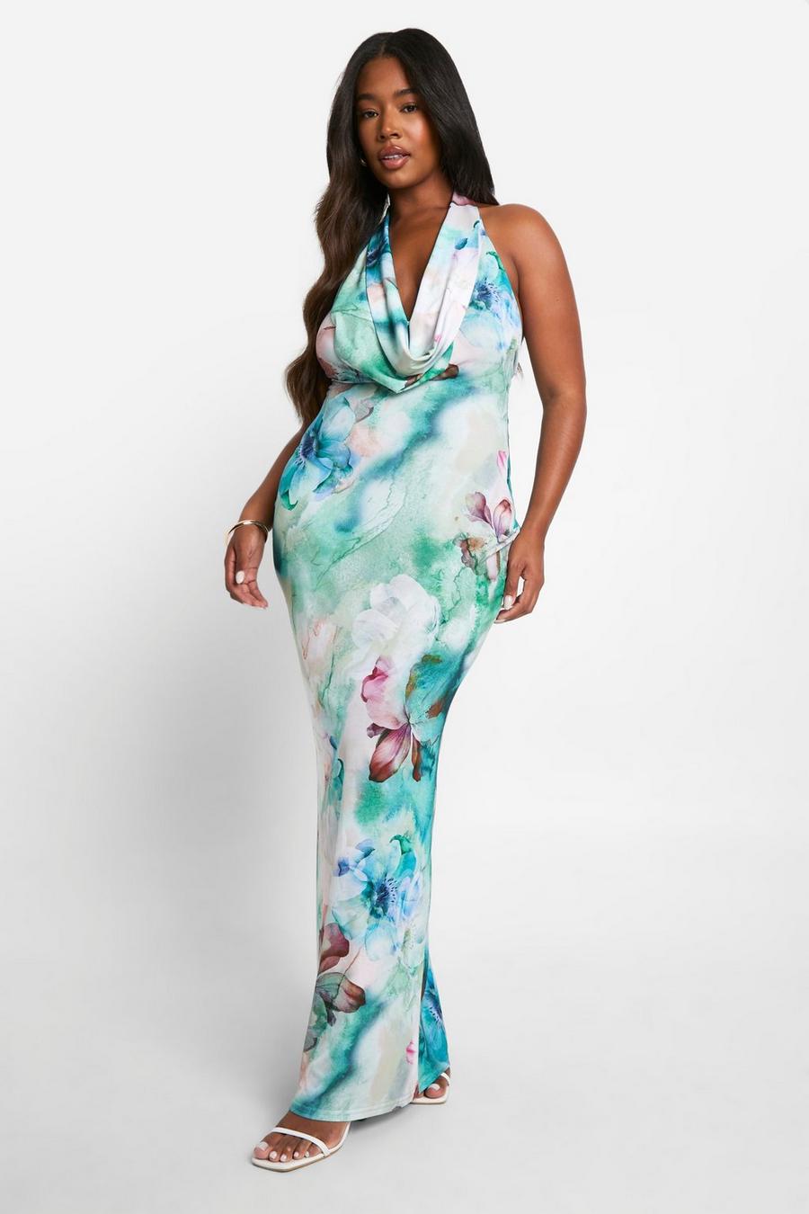 Multi Plus Floral Printed Slinky Cowl Neck Maxi Dress   image number 1