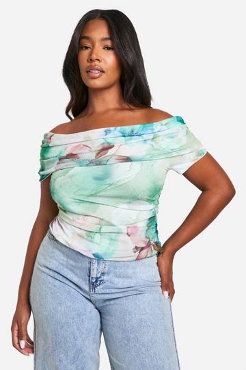 Plus Mesh Large Floral Print Fold Over Bardot Top multi