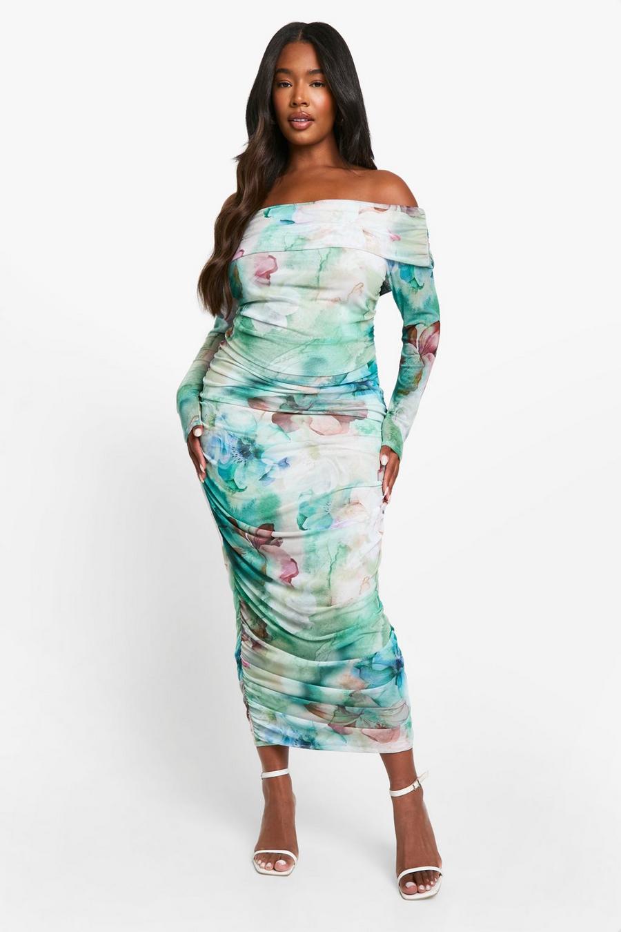 Multi Plus Mesh Large Floral Print Ruched Detail Long Sleeve Bardot Midaxi Dress 