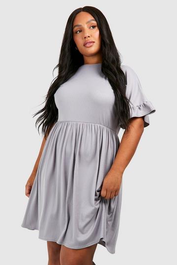 Grey Plus Basic Ruffle Sleeve Rib Smock Dress