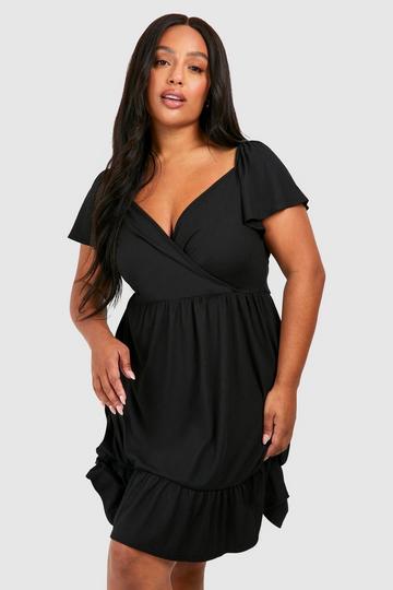 Plus Soft Rib Wrap Tiered Smock Dress black