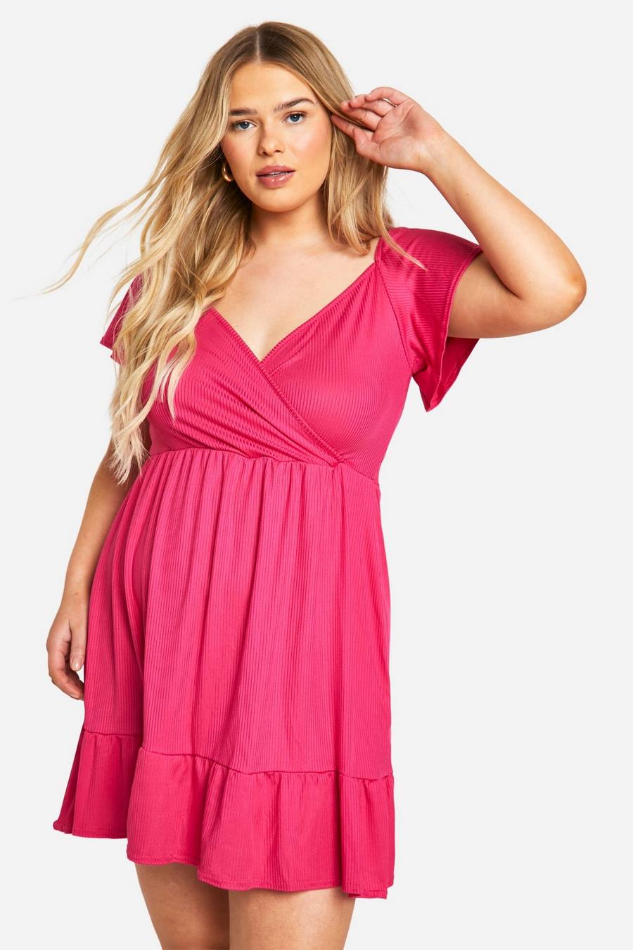 Plus Soft Rib Wrap Tiered Smock Dress, Hot pink image number 1