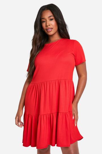 Plus Rib Short Sleeve Tiered Skater Dress orange