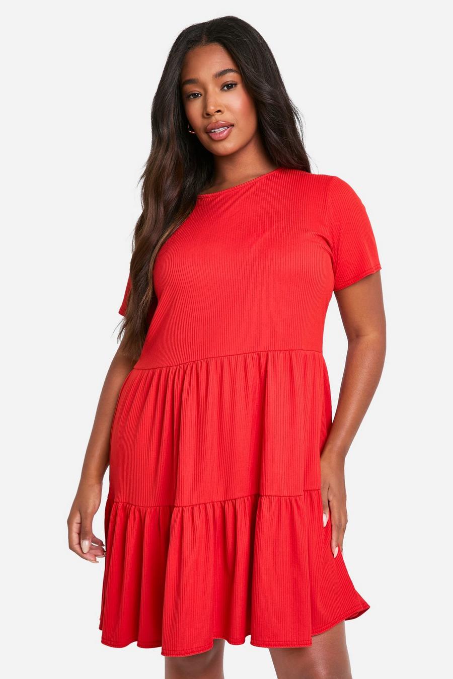 Orange Plus Rib Short Sleeve Tiered Skater Dress