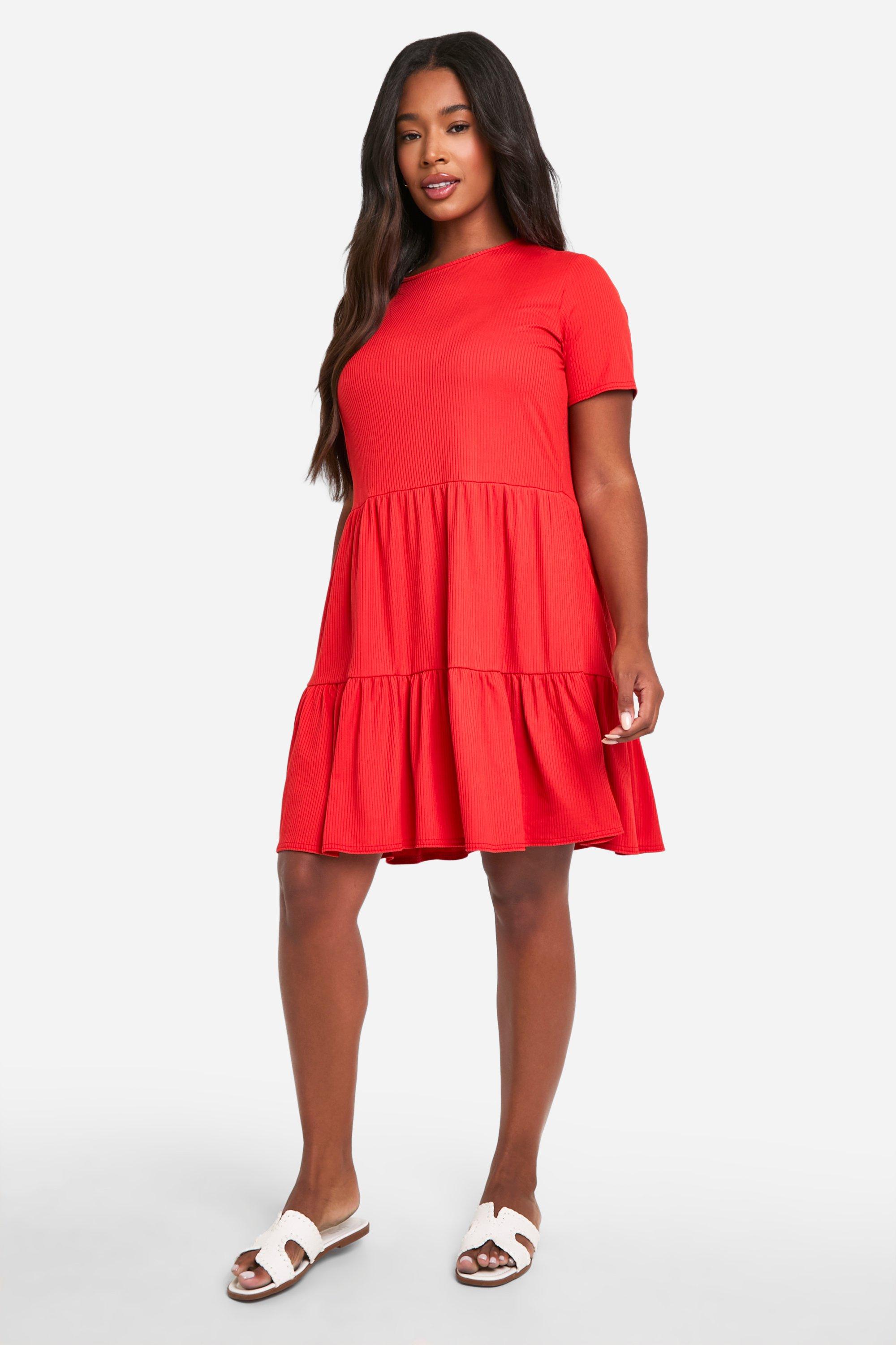 Plus Rib Short Sleeve Tiered Skater Dress boohoo UK