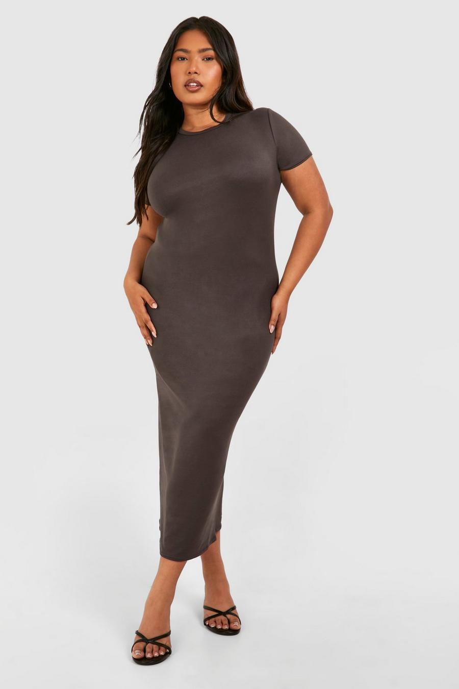 Charcoal Plus Short Sleeve Longline Midi T-shirt Dress
