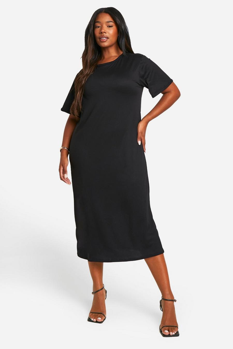 Plus superweiches Midi T-Shirt-Kleid mit Schlitz, Black image number 1