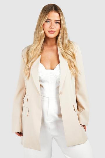 Stone Beige Plus Oversized Double Pocket Detail Blazer