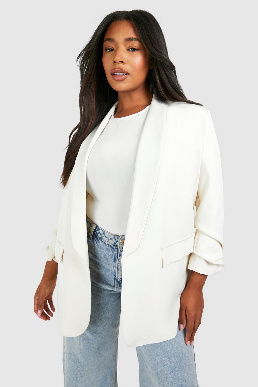 Ivory Plus Ruched Sleeve Lapel Detail Blazer image number 1