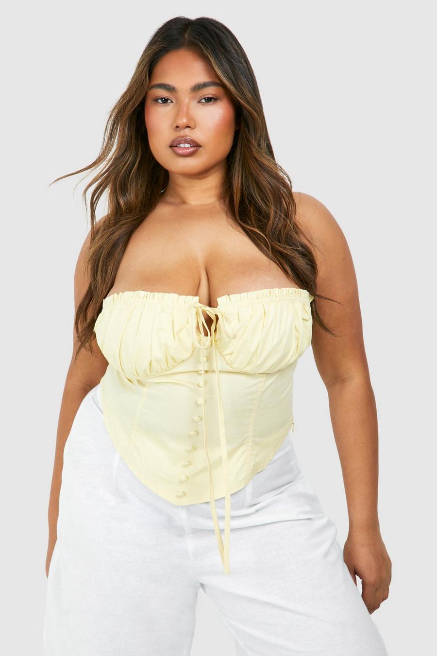 Top a corsetto Plus Size in cotone con laccetti frontali, Lemon image number 1