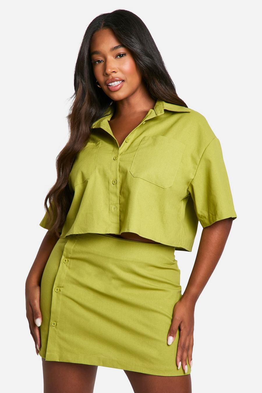 Falda pantalón fruncida y camisa crop recta efecto lino Plus, Olive