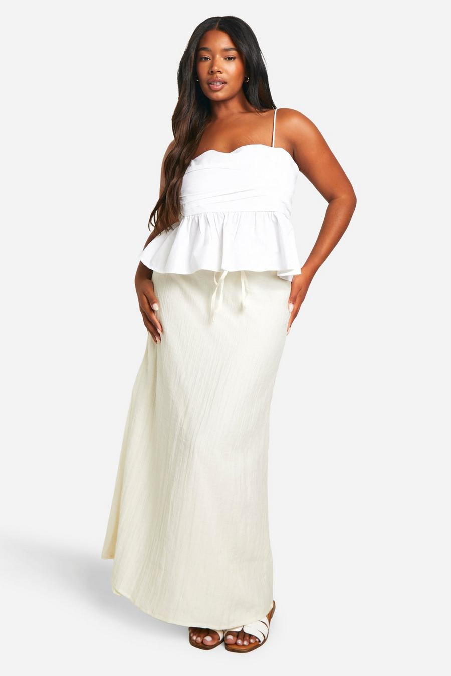 Ivory Plus Tie Front Linen Look Maxi Skirt image number 1