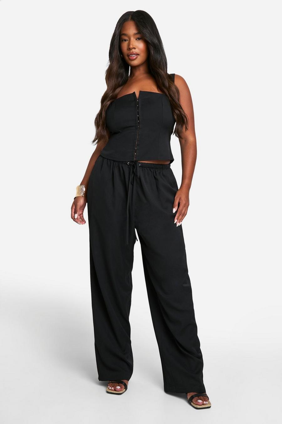Black Plus Hook And Eye Corset And Slouchy Wide Leg Pants Co-Ord