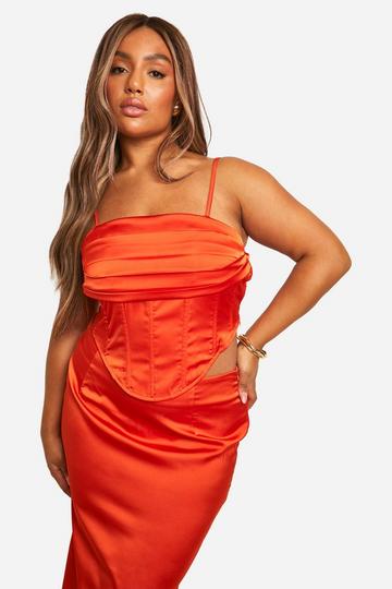 Plus Gedrapeerde Satijnen Corset Top burnt orange