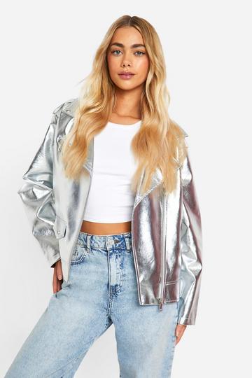 Metallic Oversized Biker Jacket silver