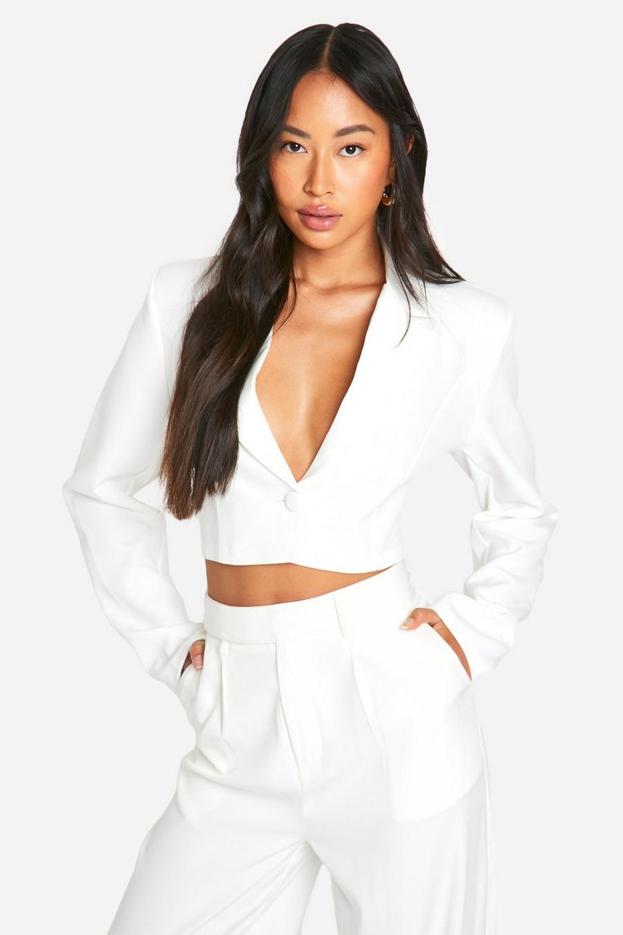 Ivory Basic Woven Single Button Crop Blazer image number 1