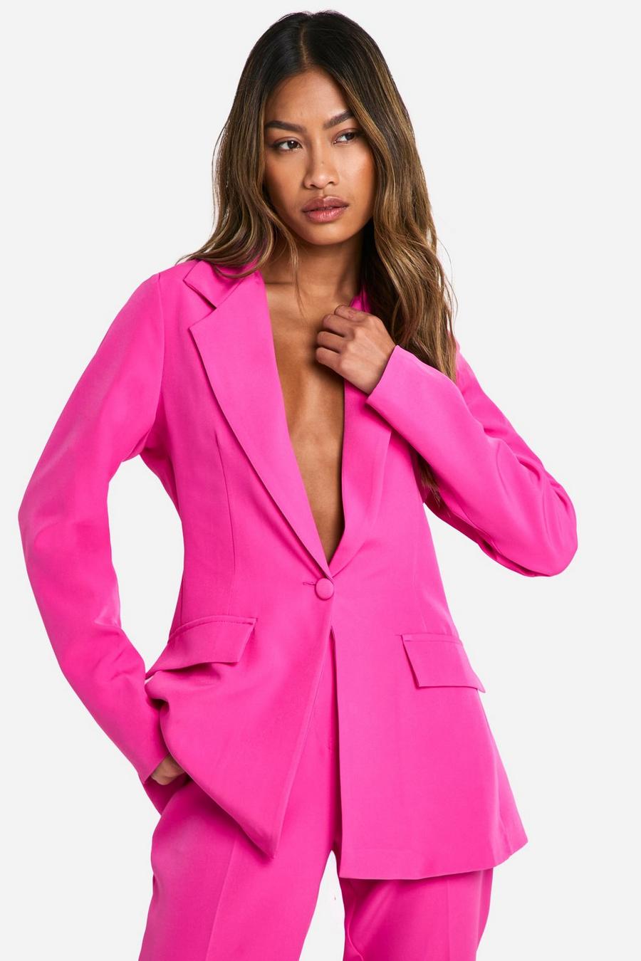 Contrast Button Plunge Tailored Fitted Blazer, Hot pink