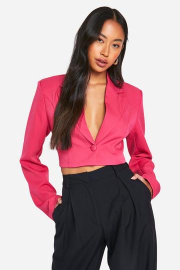 Basic Woven Single Button Crop Blazer hot pink