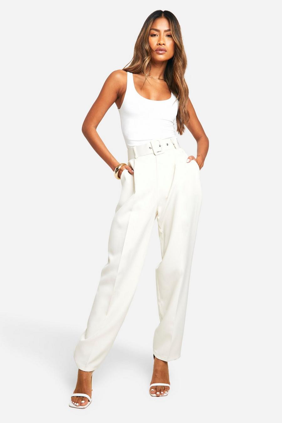 Ecru Self Fabric Belted Ankle Grazer Pants image number 1