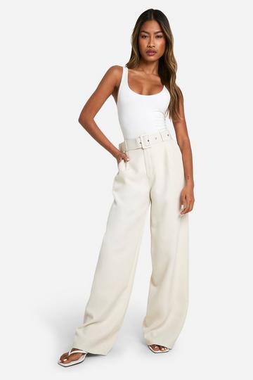 Ecru White Self Fabric Belted Wide Leg Pants