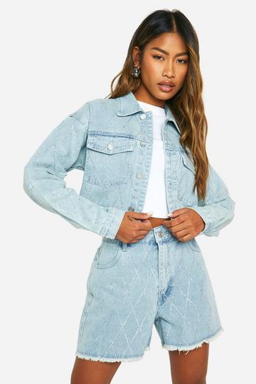 Diamante Hot Fix Fray Hem Long Denim Shorts light blue