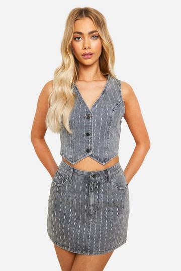 Diamante Denim Mini Skirt dark grey