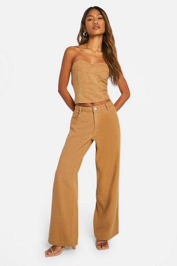 Rhinestone Hot Fix Low Rise Wide Leg Jeans tan