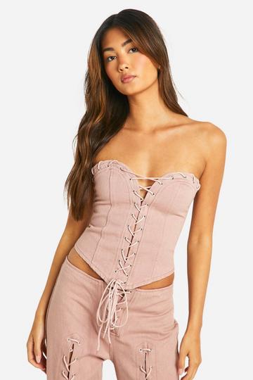 Lace Up Curved Hem Denim Corset pink