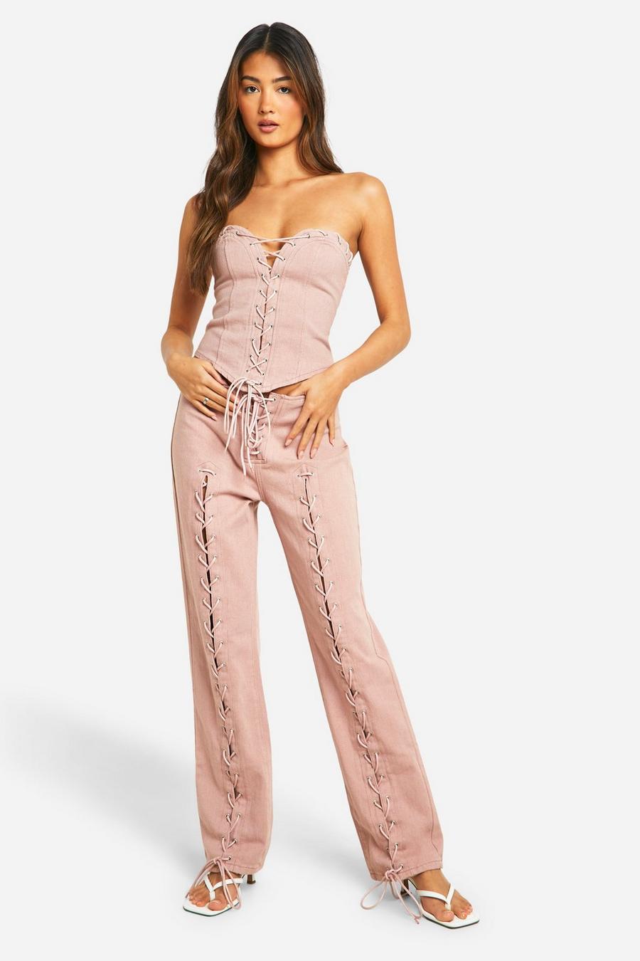 Lace Up Detail Pink Straight Leg Jeans