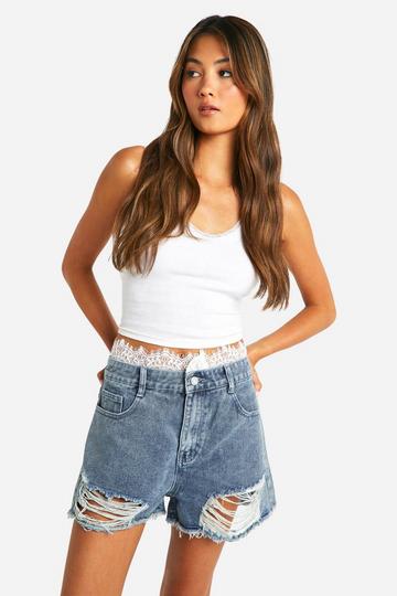 Lace Trim Distressed Hem Denim Shorts mid blue