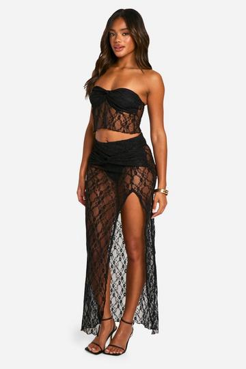 Black Lace Ruched Split Maxi Skirt