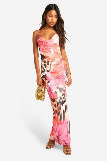 Multi Leopard Floral Cowl Neck Mesh Maxi Dress