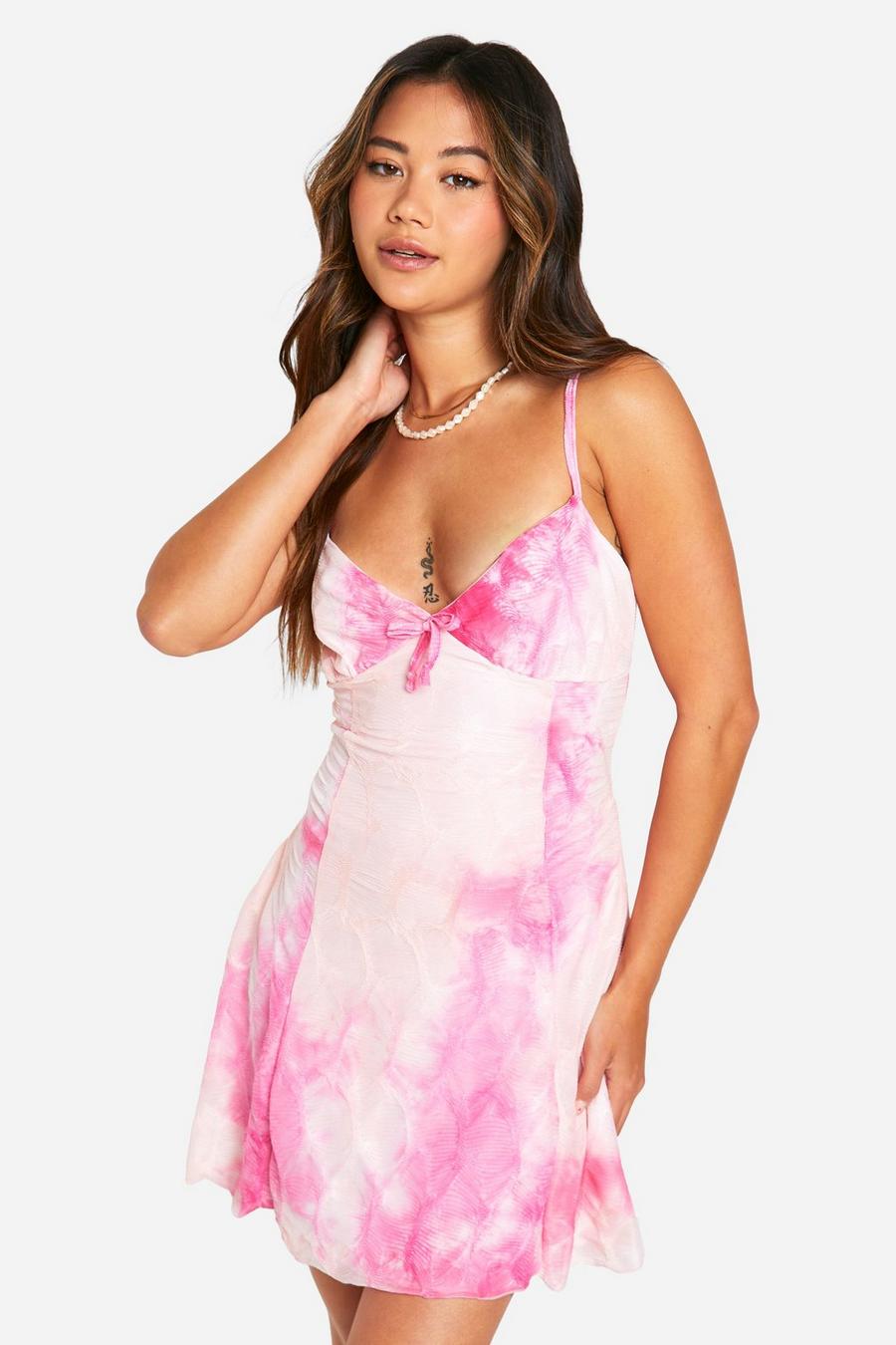 Pink Tie Front Ombre Strappy Skater Dress image number 1