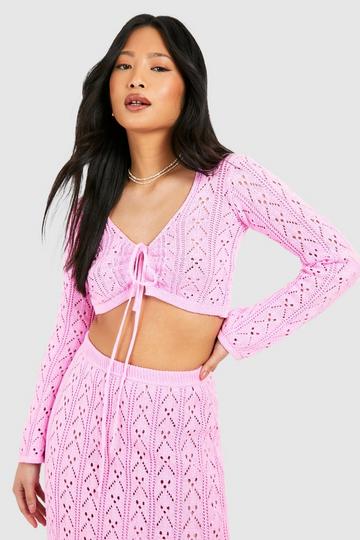 Pink Petite Crochet Tie Front Cardigan