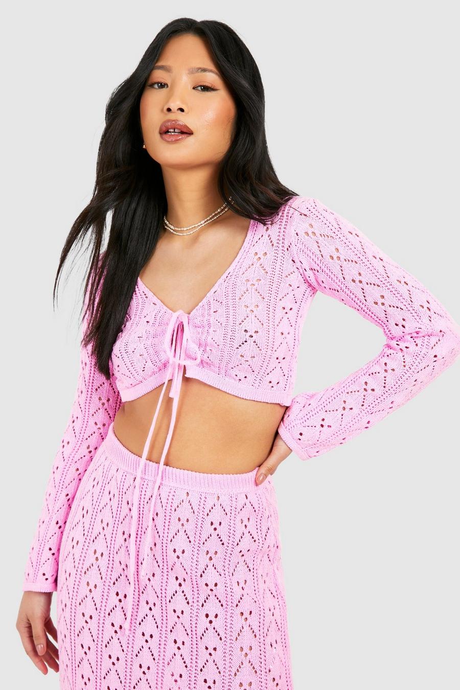 Baby pink Petite Crochet Tie Front Cardigan