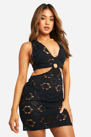 Petite Cut Out Crochet Beach Dress black