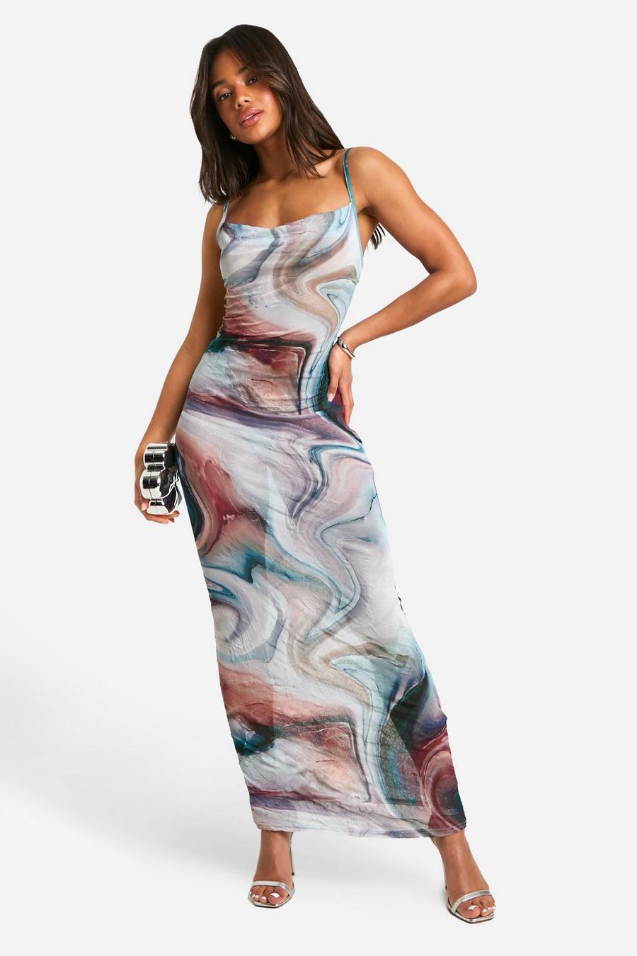 Blue Marble Cowl Neck Crinkle Maxi Dress