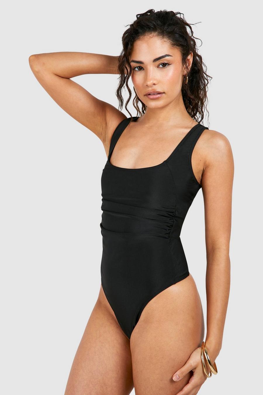 Black Petite Tummy Control Ruched Scoop Swimsuit image number 1