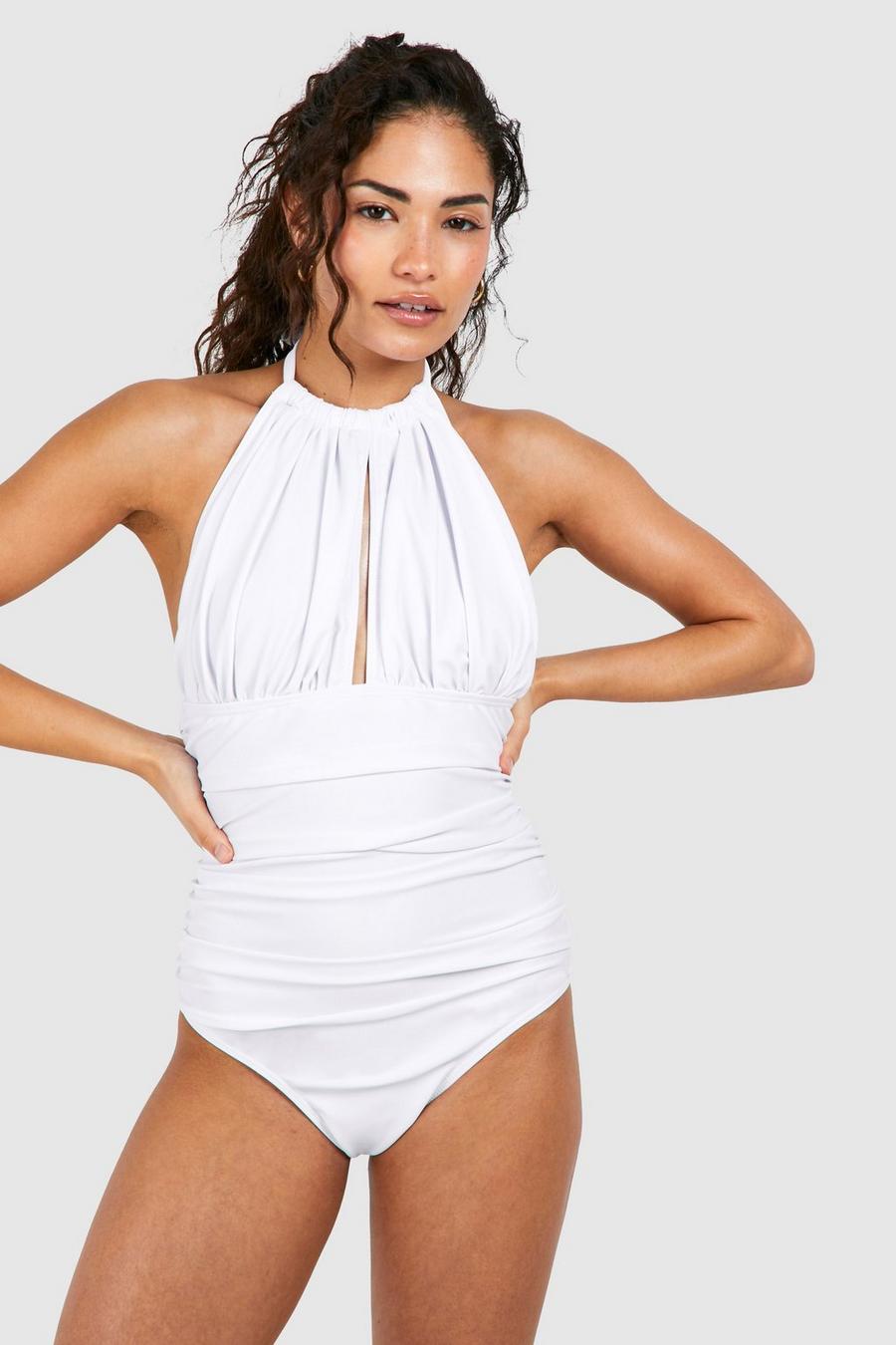 Ivory Petite Tummy Control Ruched Halter Swimsuit