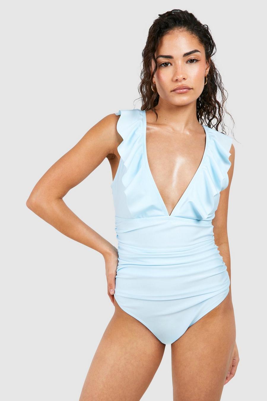 Light blue Petite Tummy Control Ruffle Front Swimsuit image number 1