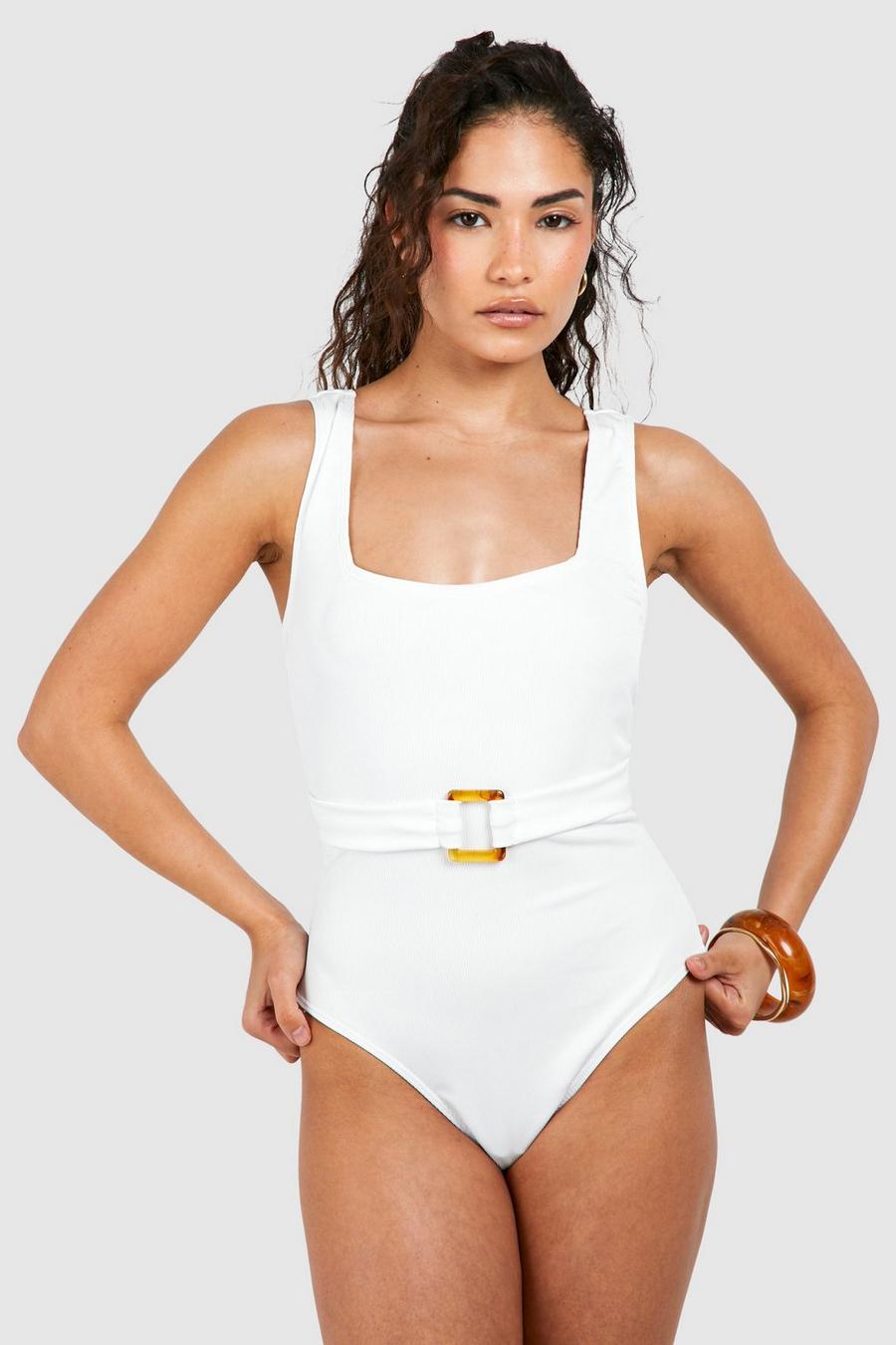 Petite gerippter Shaping-Badeanzug mit geradem Ausschnitt, Ivory
