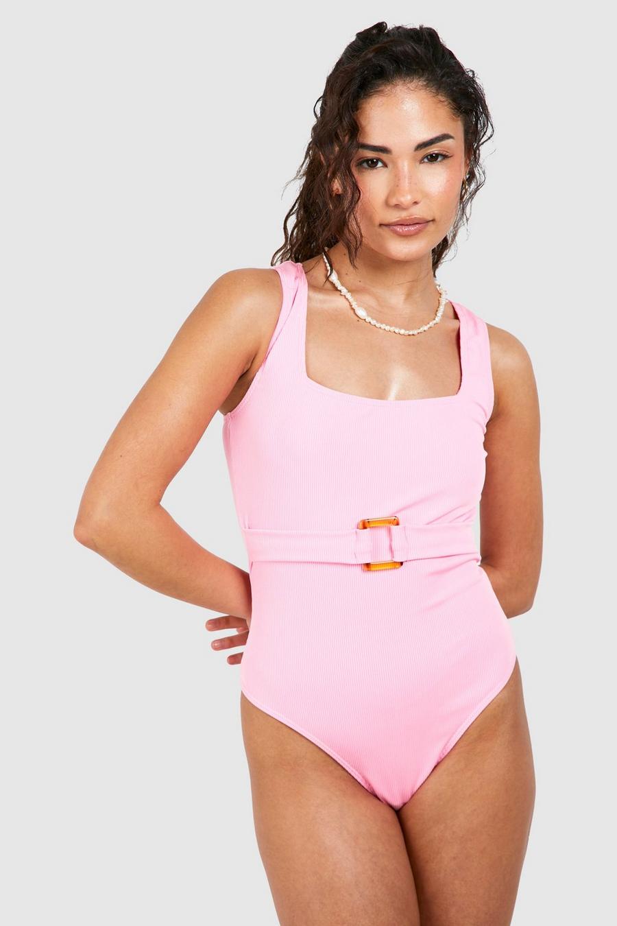 Petite gerippter Shaping-Badeanzug mit geradem Ausschnitt, Pink
